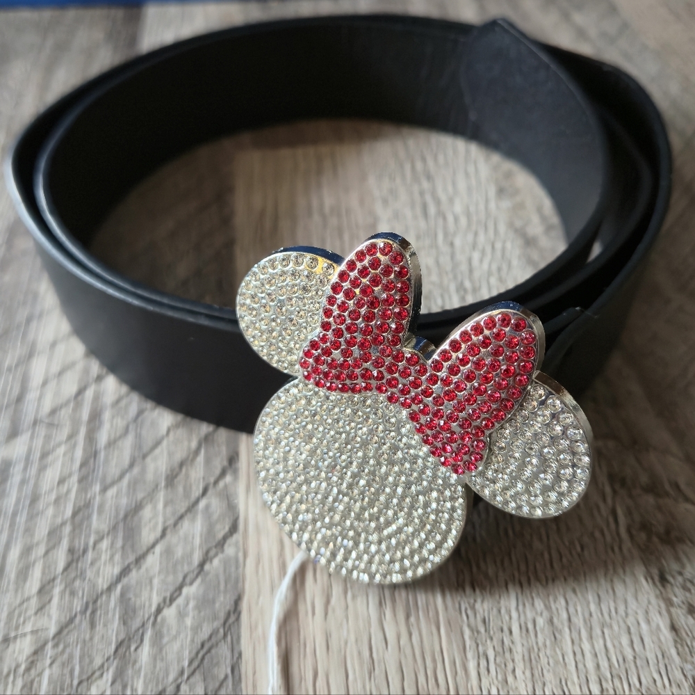 Disney Minnie Mouse Rhinestone Belt Buckle Black Leather Strap Adjustable Y2K